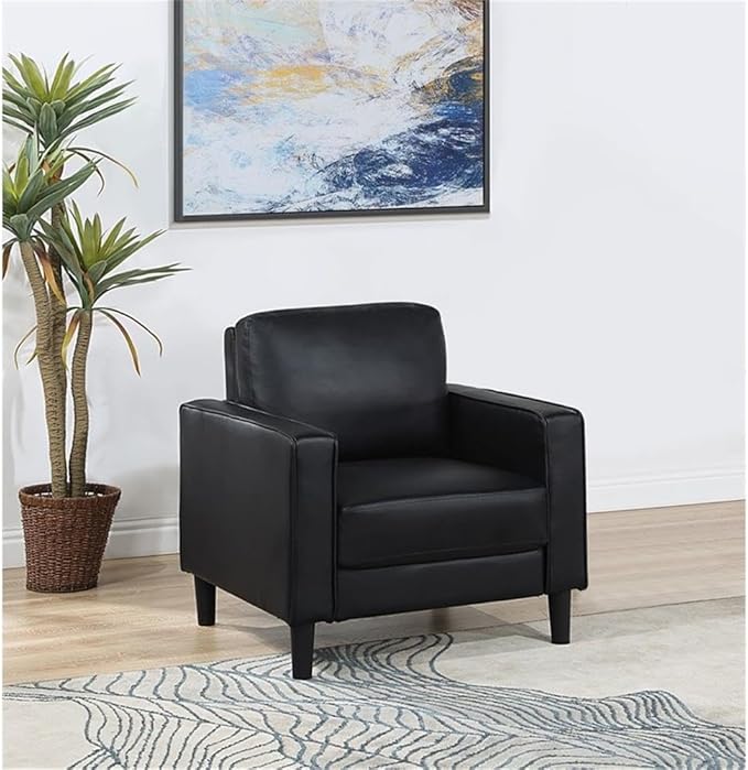 Pemberly Row Faux Leather Upholstered Accent Chair Black 33.5 in H x 32.25 in W x 31.5 in D Structured Track Arms Sinuous Spring Seating Compact Modern Design for Living Room or Office