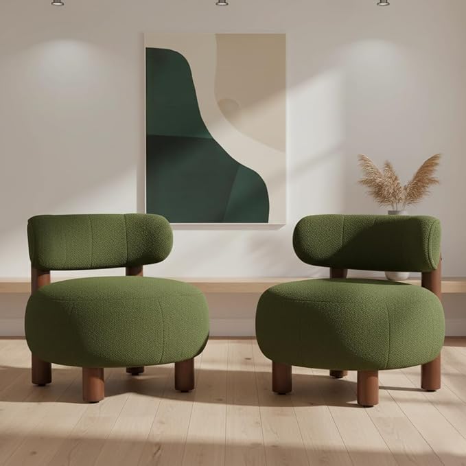 Modern Boucle Accent Chair Set of 2 with Plush Faux Sherpa Upholstery Curved Backrest Solid Wood Legs for Living Room Bedroom Reading Nook 27.5 Green