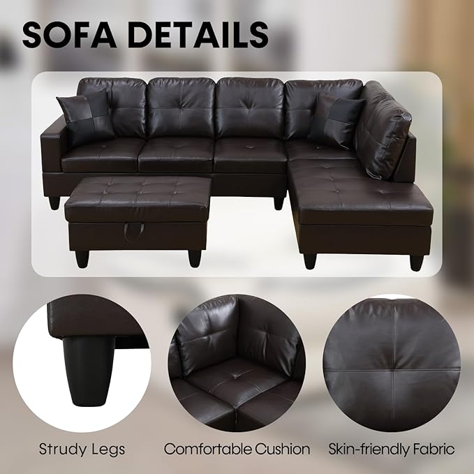 Sectional Couch for Living Room Furniture SetsBrown Leather Sectional Sofa L Shape Couch with Chaise and Storage Ottoman for Living Room/Apartment/Office（Facing Right Chaise）