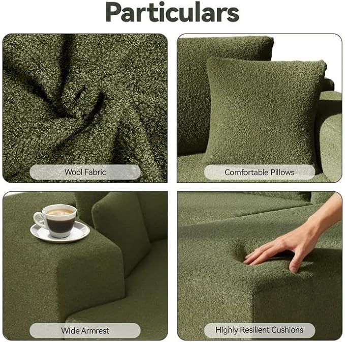 106 Modular Sectional Sofa Green Wool Cloud Couch with Left Chaise Deep Seat Boneless Floor Sofa for Living Room High-Resilience Foam Support No Assembly Required Includes Pillows | Sectional So