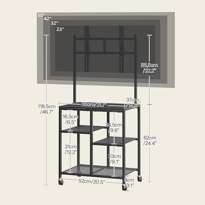 HOOBRO Small TV Stand with Wheels and Mount for 50 Inch TVs Mobile Rolling TV Stand with Storage Shelves Small Entertainment Center for Living Room Bedroom Study Black BB37DS01