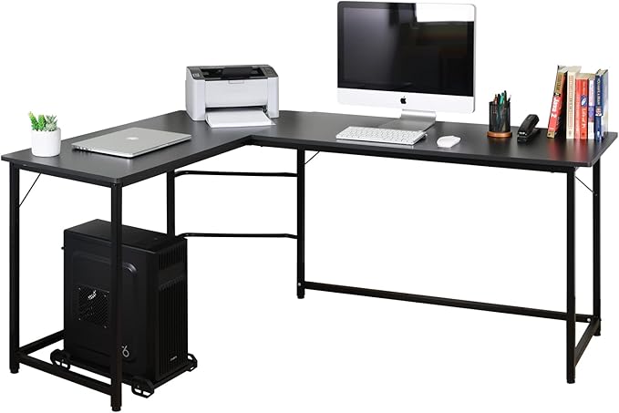 AEONS L-Shaped Computer Study Corner Desk with CPU Stand PC Laptop Gaming Desk 66” Workstation for Home Office Writing Table Wood &amp Metal Space-Saving