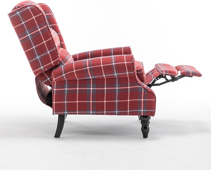 Upholstered Wingback Recliner Chair Plaid Recliner Chair Armchair Adjustable Footrest Push Back Reclining Sofa Mid-Century Modern Lounge Armchair for Living Room Bedroom Reading - Red