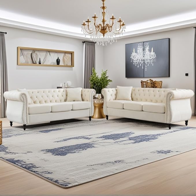 2 Piece Modern Beige Velvet 80 3-Seater Sofa Sets Upholstered Tufted Backrests with 8 Rolled Nailhead Arms Combination Couch with 4 Pillows for Living Room