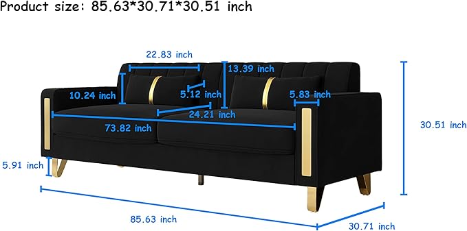 Modern Velvet Sofa Couch 86 Large Loveseat Sectional Sofa Couch with Gold Legs for 3-4 Persons Upholstered Deep Seat Love Seat Sofa Chaise for Living Room Office Apartment Black