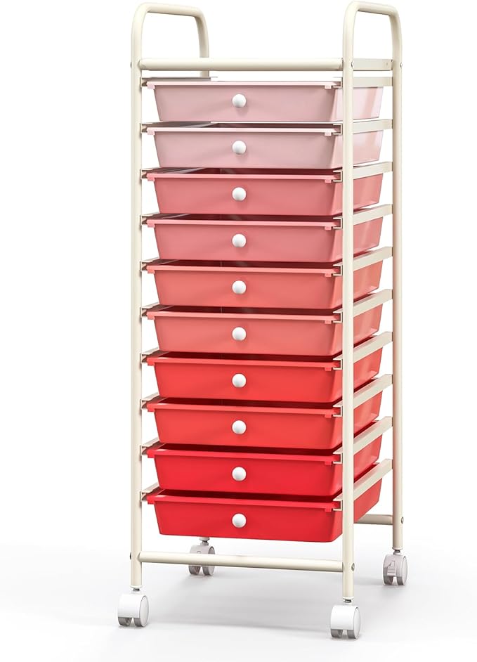 Giantex 10-Drawer Storage Cart w/Universal Wheel Rolling Cart w/Handle Home Organizer Storage Unit w/Removable Drawers Trolley Utility Cart for Kitchen Makeup Living Room Office Play Room