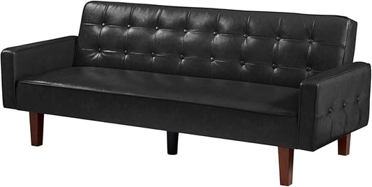 Vegan Leather Sofa Bed Sleeper Couch 74.4 Inch Convertible Loveseat Size for Small Space 3 Seater Chesterfield Button Tufted for Office Apartment Dorm Living Room Black