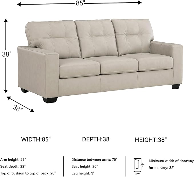Signature Design by Ashley Santorine Classic Leather Match Sofa with Tufted Cushion and Removable Cushion Light Gray