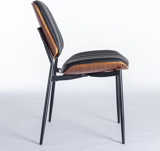 Dining Chairs Set of 2 Mid Century Modern Retro Faux Leather Chair with Walnut Bentwood Back Upholstered Seat Metal Legs Adjustable Foot for Kitchen Dining Room Chairs (Black)