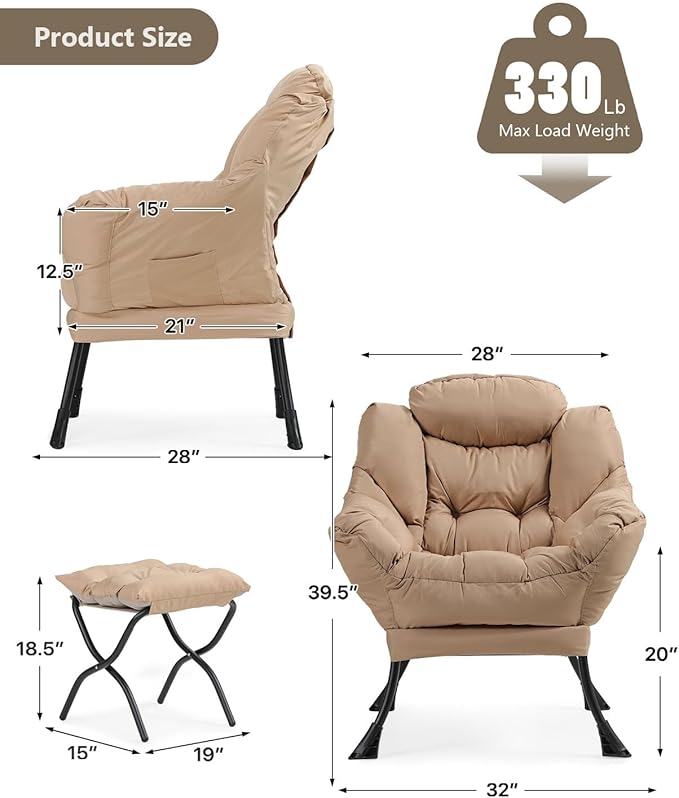 Living Room Chair with Ottoman Modern Lounge Accent Chair with Armrests and a Side Pocket Leisure Upholstered Sofa Lazy Chair Reading Chair with Footrest for Small Space (Beige)