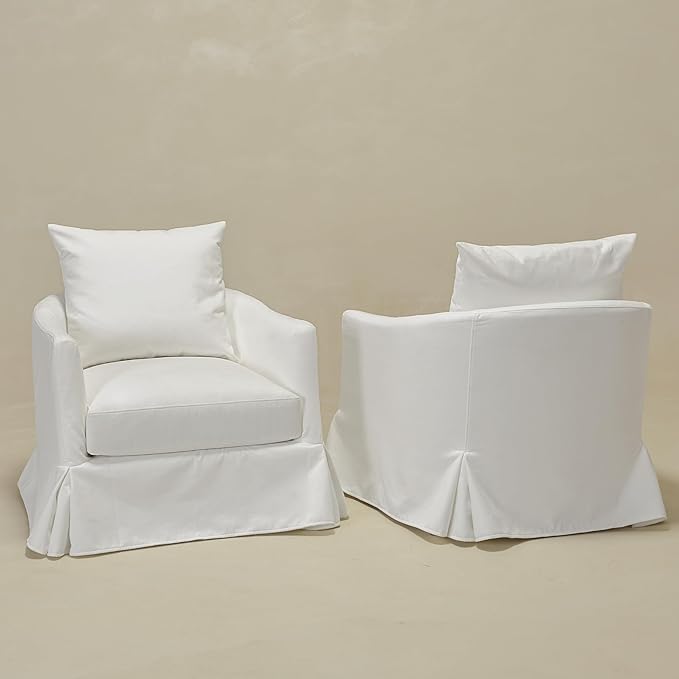KINWELL 32 Wide Upholstered Down Fill Slipcovered Swivel Barrel Armchair Set of 2 Modern Comfy Swivel Accent Chair with Pillow Back for Living Room Bedroom Fully Assembled (Pearl White)