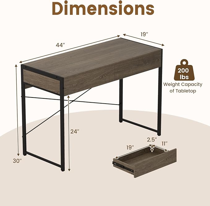 Giantex Computer Desk with 2 Drawers 44 Inch Home Office Desk with Anti-Toppling Device &amp Metal Frame Compact Laptop PC Table Vanity Table Modern Study Writing Desk for Small Spaces (Grey Oak)