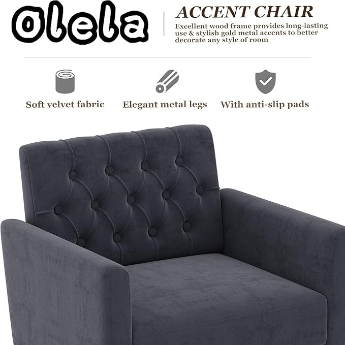 Olela Accent Chair with Arm for Living Room Velvet Modern Armchair Single Sofa Cozy Tufted Upholstered Reading Side Chairs with Gold Metal Leg for Bedroom Decorate