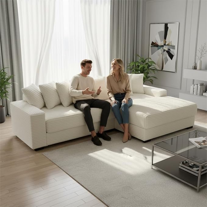 110 Cloud Sectional Couch L Shaped Sectional Couch with Chaise and 8 Side Sleeper Pillows 5 Seat Sleeper Sofa Bed for Living Room Corduroy Fabric Beige Right Style