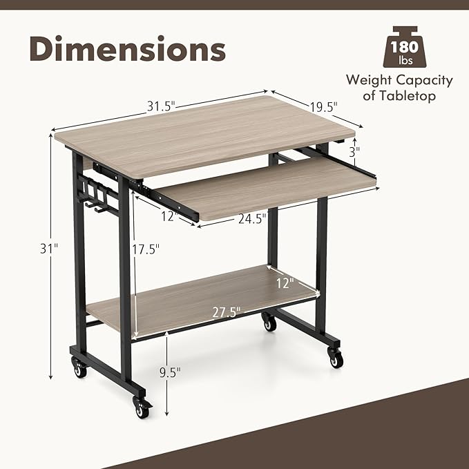 Tangkula Rolling Computer Desk Cart with Keyboard Tray Mobile Portable Laptop PC Desk with CPU Stand &amp 3 Hooks for Sofa &amp Bed Compact Small Desk on Wheels for Small Spaces (Grey)