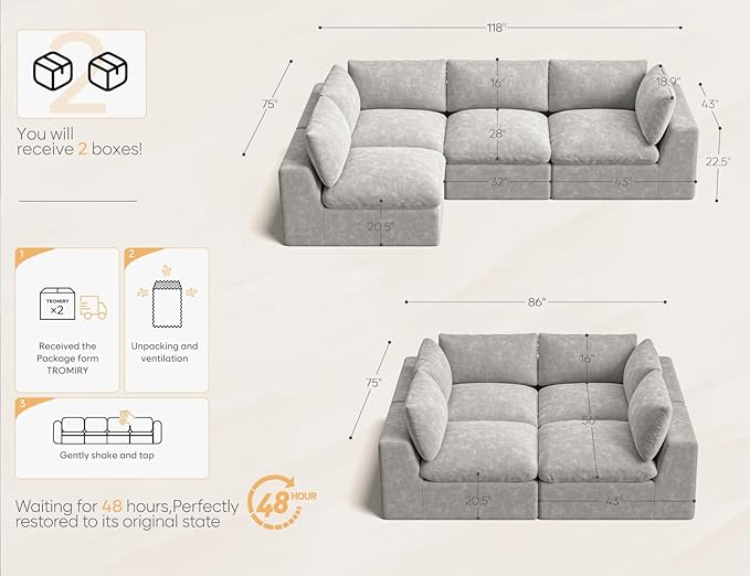120 Cloud Sectional Couch | Oversize Boneless Couches for Living Room | 4 Seater L-Shape Sofa | Light Grey