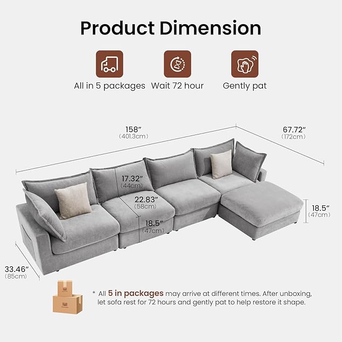 158'' Sectional Couch L-Shape Down Filled Comfy Modular Sectional Sofa with Deep Seat Modular Couch 4 Seater with 4 Pillows &amp 1 Storage Ottoman for Living Room Cover Washable Grey