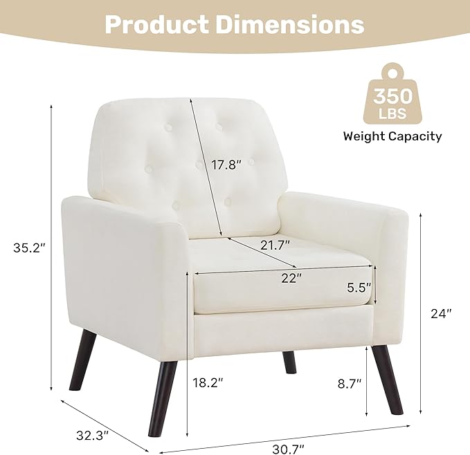 Accent Chair Set of 2 Mid Century Modern Living Room Chairs Upholstered Armchair with Tufted Back &amp Wood Legs Single Sofa Reading Side Chair for Bedroom Office Waiting Room White