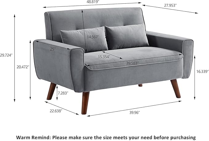 48 Small Loveseat Sofa Mid Century Modern Love Seat with Back Cushions and Plastic Legs 2 Seater Couches for Living Room Bedroom Small Spaces Light Grey