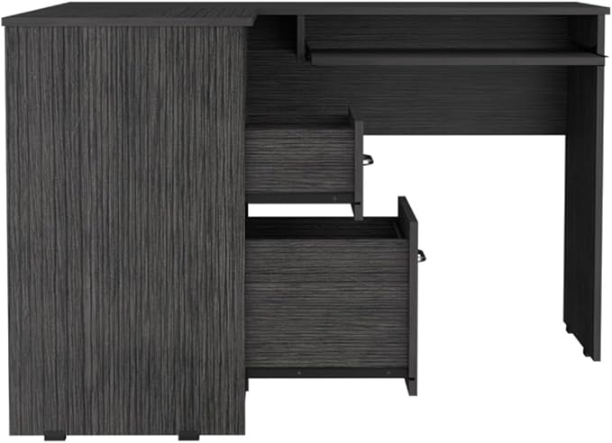 L-Shaped Corner Desk with Keyboard Shelf Smokey Oak Finish for Home Office Workspace