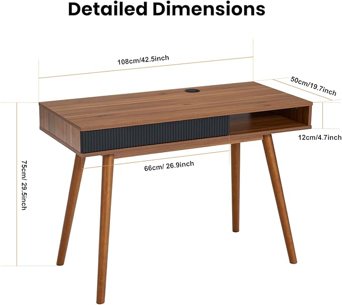 Artswish Mid Century Modern Office Desk with Drawer &amp Open Cubby 42.5 Walnut Writing Desk with Cable Grommet Solid Wood Legs Simple Home Office Desk for Bedroom Study Walnut