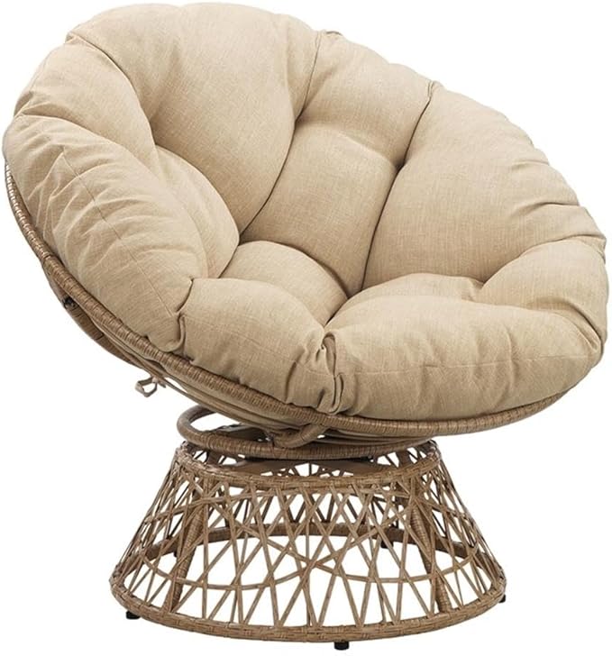 Pemberly Row Papasan Chair Cream Round Pillow Cushion Natural Resin Wicker Weave Metal Frame 360° Swivel 40 W x 36 D x 35.25 H Accent Chair for Living Room Family Room or Dorm
