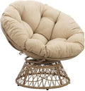 Pemberly Row Papasan Chair Cream Round Pillow Cushion Natural Resin Wicker Weave Metal Frame 360° Swivel 40 W x 36 D x 35.25 H Accent Chair for Living Room Family Room or Dorm