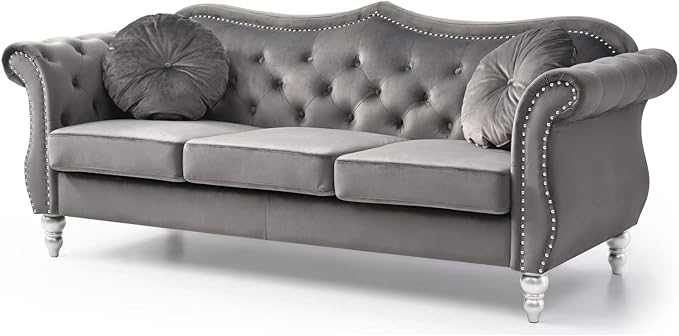Maykoosh Velvet Sectional Sofa Tufted Living Room Couch Ruched Arm Style - 82 Wide Dark Gray