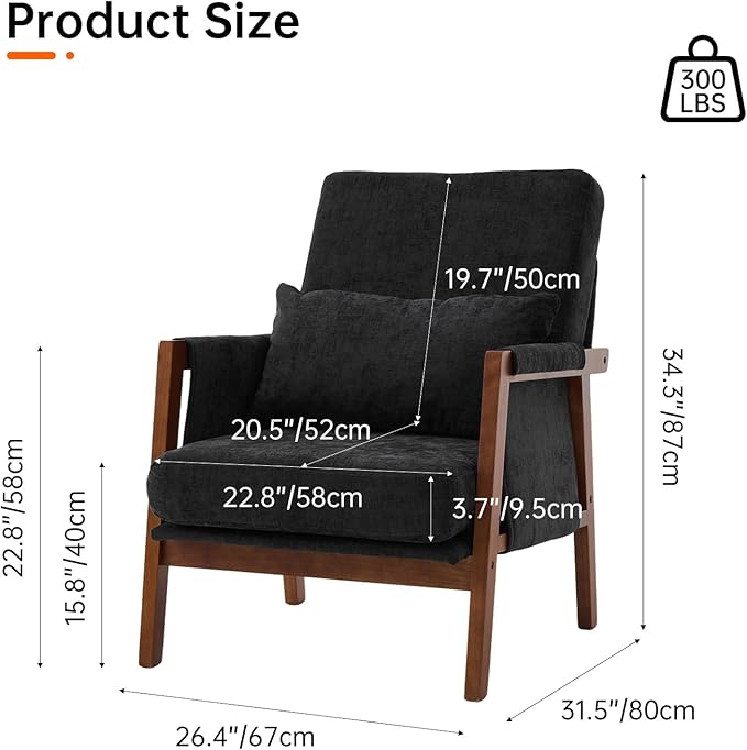 Accent Chairs Set of 2 Mid-Century Modern with Lumbar Support Pillow Upholstered Living Room Chairs with Wooden Chenille Armchair with Cushion Anthropologie Side Chair for Bedroom Black