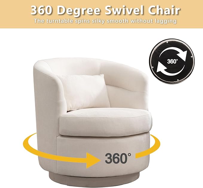 CANMOV Swivel Accent Chair 360 Degree Round Swivel Barrel Chair with Pillow Upholstered Comfy Barrel Armchair Single Club Sofa Chair for Living RoomBedroom Reading Room Beige