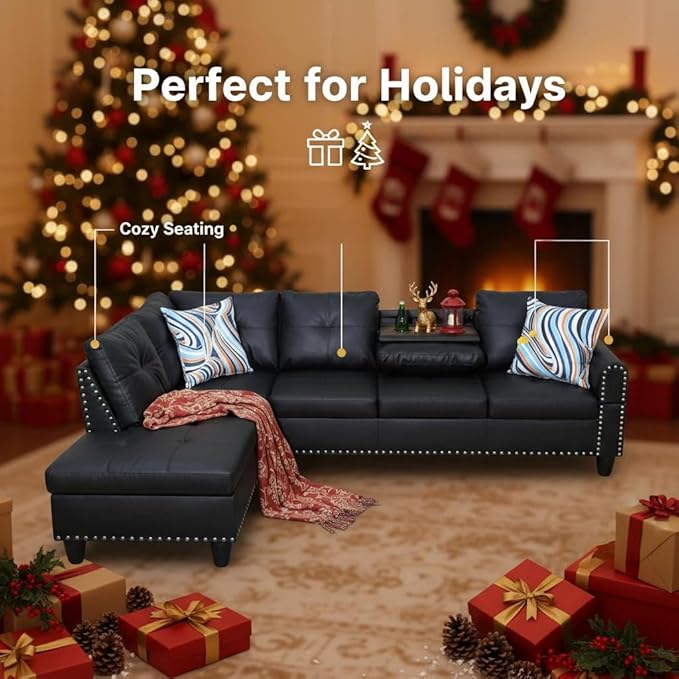 L-Shaped Sectional Sofa with Cup Holder Leather 4-Seat Couch with Chaise Lounge Modern Upholstered Living Room Furniture Black