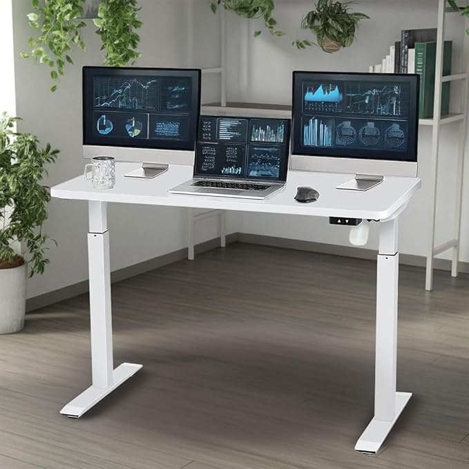 MotionWise M1 Series Height Adjustable Electric Sit Stand Desk 48” x 24” Home Office w/Single Wooden Desktop (White)