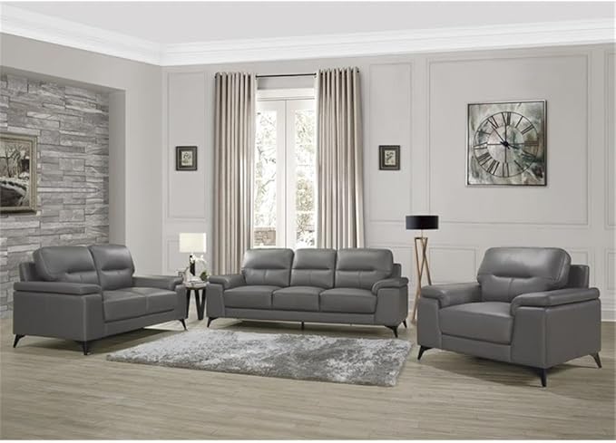 Pemberly Row Leather Upholstered Accent Chair 35 H x 43.75 W x 36 D Dark Gray Top Grain Leather Black Metal Legs Plush Foam Cushions Modern Design Living Room Seating