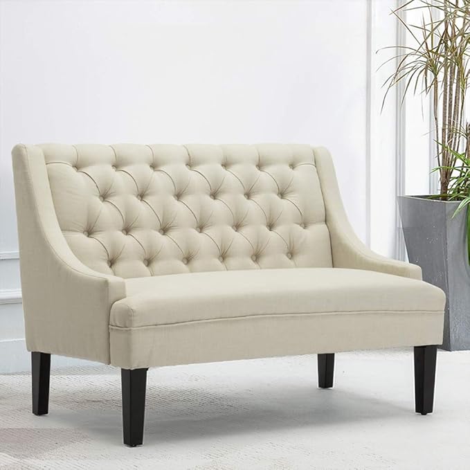 Tongli 50 Small Modern Loveseat Settee Sofa Linen Fabric 2-Seat Sofa Couch Tufted Love Seat Dining Bench with Back Upholstered Banquette Sofas for Living Room Bedroom Small Space Entryway