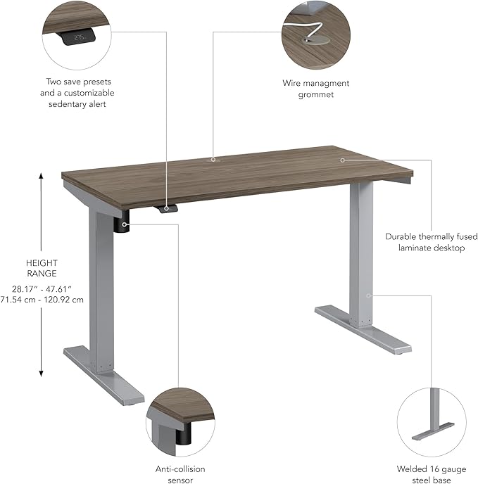 Bush Business Furniture 48-inch Electric Height Adjustable Standing Desk Ergonomic Sit-Stand Computer Table for Home and Professional Office Move 40 Series Modern Hickory with Metallic Gray Base