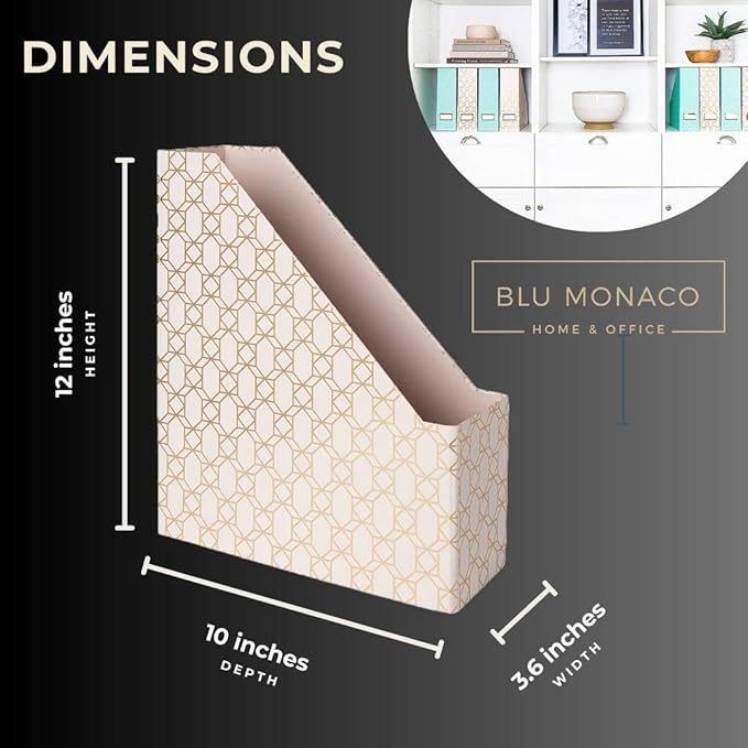BLU MONACO | Set of 4 Foldable Pink &amp Aqua Magazine File Holders with Gold Geometric Patterns | Vertical File Organizer Boxes with Gold Label Holders for Home &amp Office