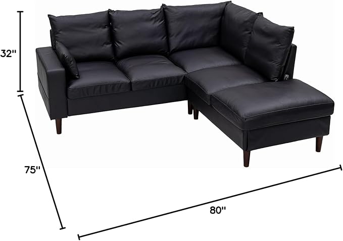Panana Sectional Sofa 5 Seater L Shape Corner Chaise Sofa for Apartment with Built in USB Port Chaise (Black Artificial Leather 5 Seats Corner Sofa with Built in USB Chaise)