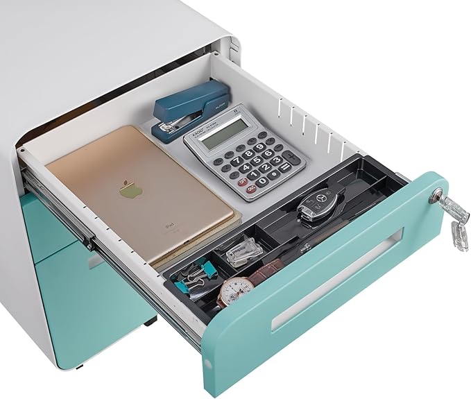 Metal Office Storage Cabinet with 3 Drawers Vertical Printer Cabinet for Office Supplies and File Storage Filing Organizer for Home Office 5 Wheel Design Green