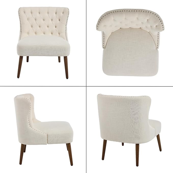 chairus Tufted Slipper Accent Chairs Set of 2 Linen Upholstered Armless Living Room Chairs with Nailhead Trim Mid-Century Modern Wingback Side Chairs for Bedroom Office Reception Beige