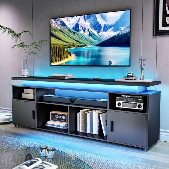 SUNCOZE TV Stand Entertainment Center with LED Lights and Cabinet for 70/75/80 Inch TV Modern TV Console Gaming Media Television Stands with Power Outlets for PS5 in Living Room and Bedroom Black