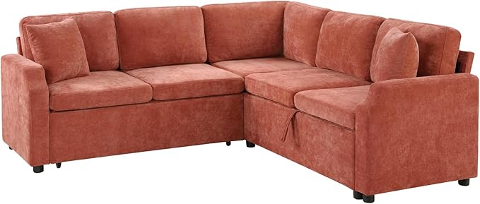 81.9 Sectional Sofa Bed L-Shaped Sectional with a Hidden Storage Compartment Versatile Pull-Out Sofa Bed with Cozy Throw Pillows for Living Room Apartments Offices (Orange-04e)