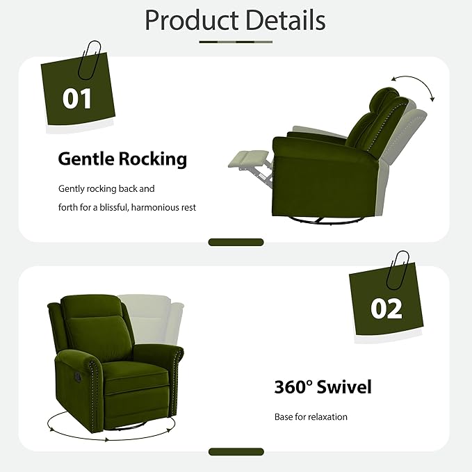 360° Swivel Recliner Chair with Adjustable Backrest Manual Rocking Recliner Home Theater Manual Recliner Chair with Metal Base and Velvet Fabric for Living Room (Green 2)