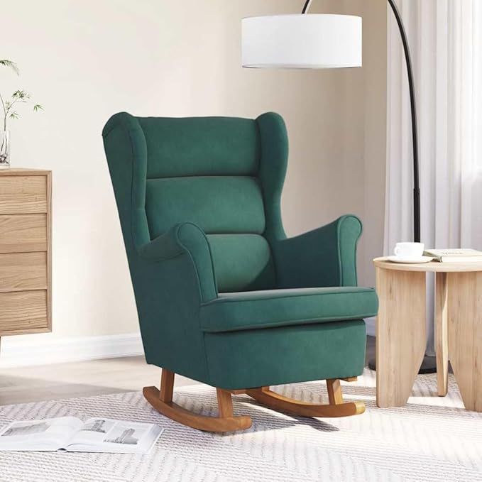 vidaXL Dark Green Velvet Rocking Chair with Solid Rubber Wood Legs - Stylish Design Padded Foam for Comfort Ideal for Living Room or Lounge Area
