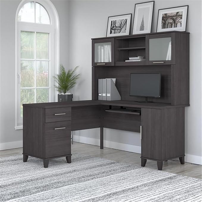 Bush Home Somerset 60W L Shaped Desk with Hutch in Storm Gray