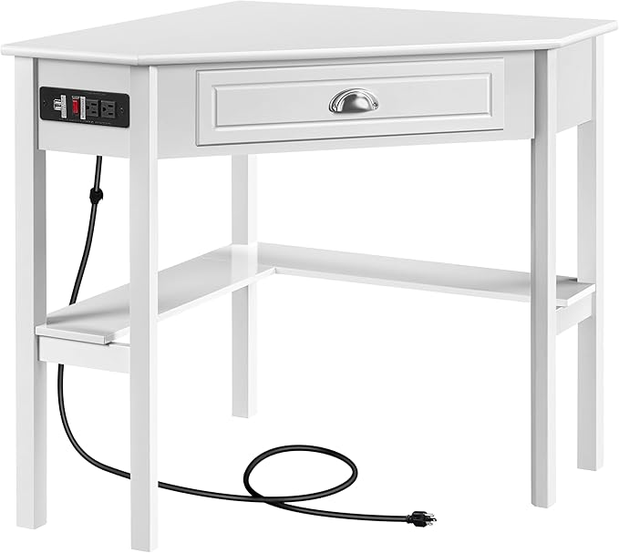 Yaheetech L Shaped Corner Computer Desk with Power Outlets Reversible Triangle Workstation with USB Ports and Hook for Small Space Modern Home Office Desk Gaming Table with Drawer &amp Shelf White
