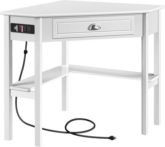 Yaheetech L Shaped Corner Computer Desk with Power Outlets Reversible Triangle Workstation with USB Ports and Hook for Small Space Modern Home Office Desk Gaming Table with Drawer &amp Shelf White