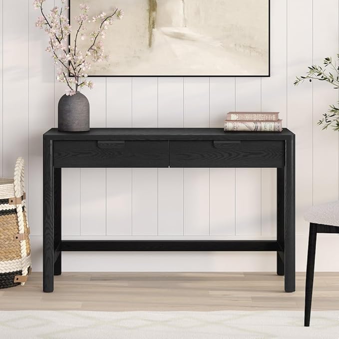 Henn&ampHart 48 Modern Rectangular Wooden Home Office Desk Computer Desk Writing Table with 2 Storage Drawers for Bedroom Living Room or Home Office Natural Black