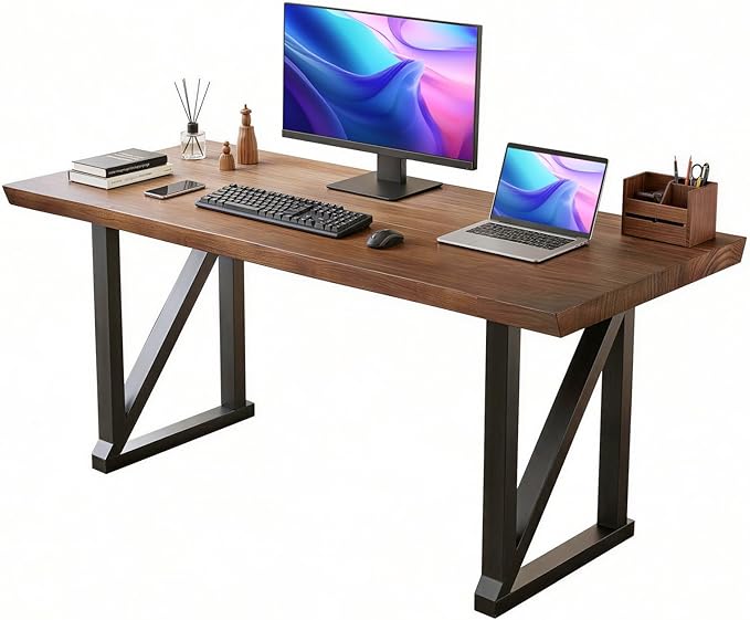 Solid Wood Desk 47 Inch Heavy Duty Business Desk Home Office DeskOffice Furniture Butcher Block Studio Desk Rustic Brown Desk （Table Thickness:1.96 inches）