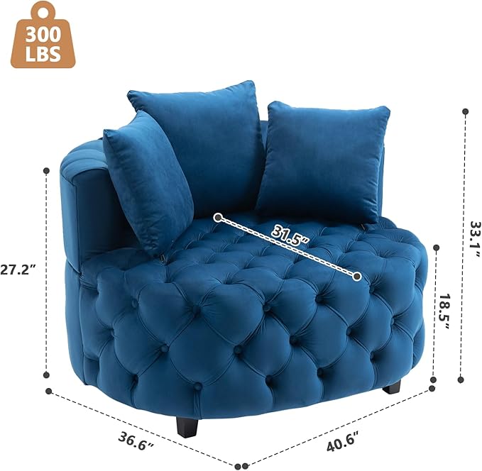 mikibama 40.6'' W Oversized Barrel Chair Blue Accent Chair for Living Room Round Oversized Chair with 3 Pillows Deep Seat Extra Wide Velvet