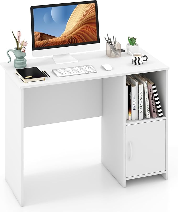 Giantex Small Computer Desk White Desk with Storage Cabinet &amp Shelf Compact PC Laptop Table Workstation Makeup Vanity Table Modern Study Writing Desk for Small Space Bedroom Home Office